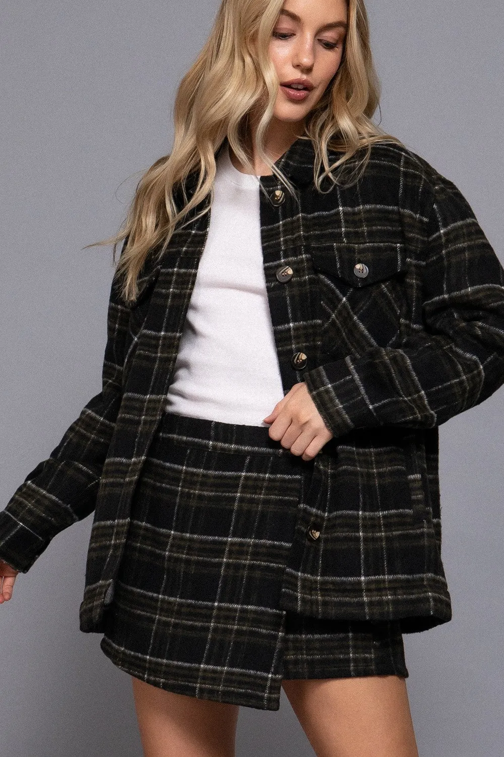 Malaya Wrap Front Plaid Skort, Black/Olive sold by North & Main Clothing Company product image thumbnail 5