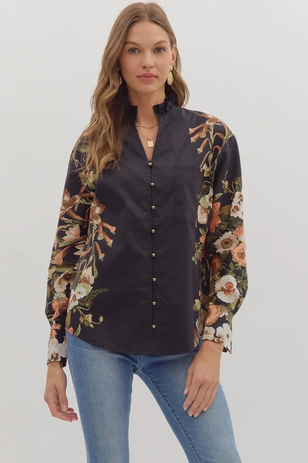 Ember Floral Sleeve Buttoned Blouse, Black sold by North & Main Clothing Company