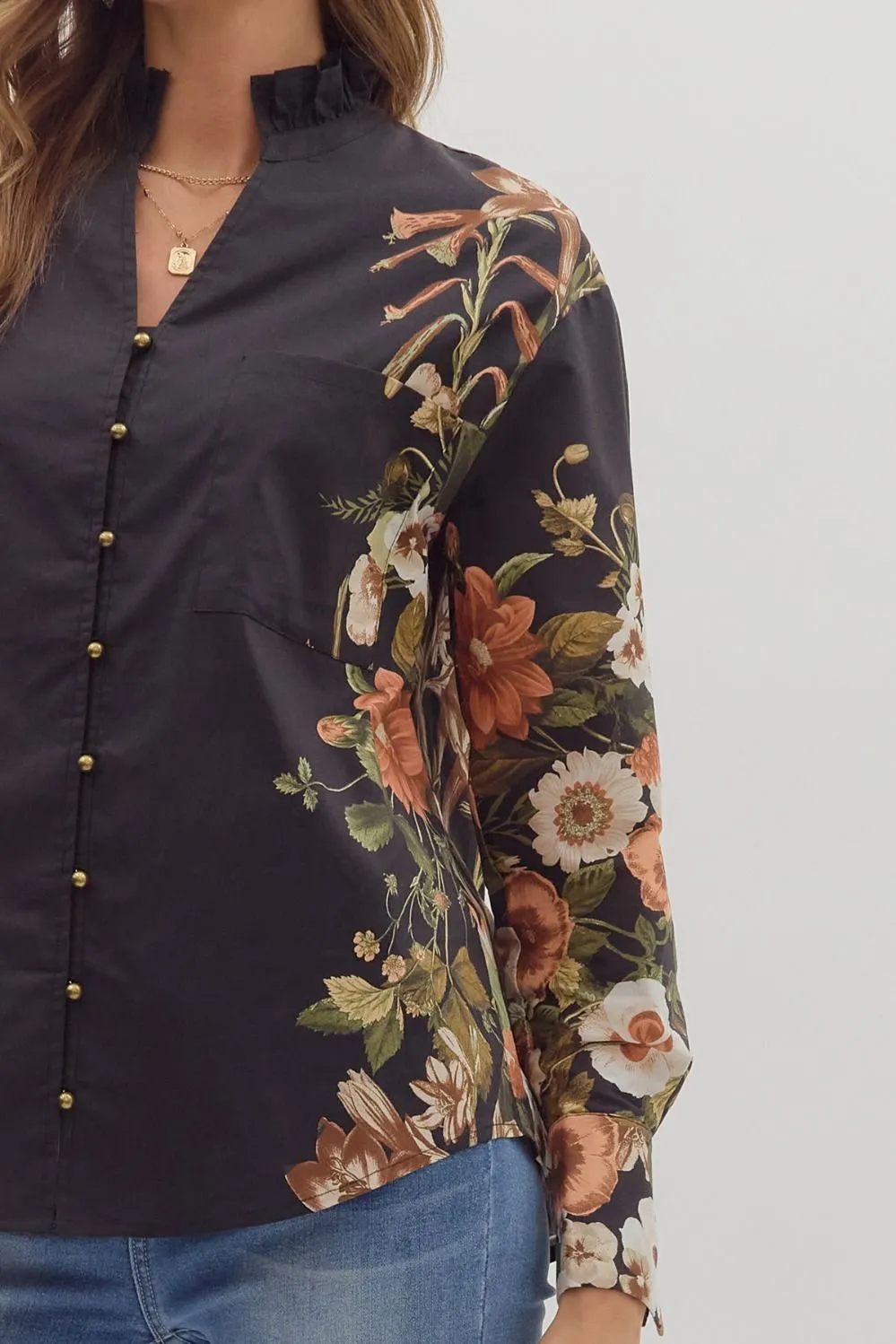 Ember Floral Sleeve Buttoned Blouse, Black sold by North & Main Clothing Company product image thumbnail 3