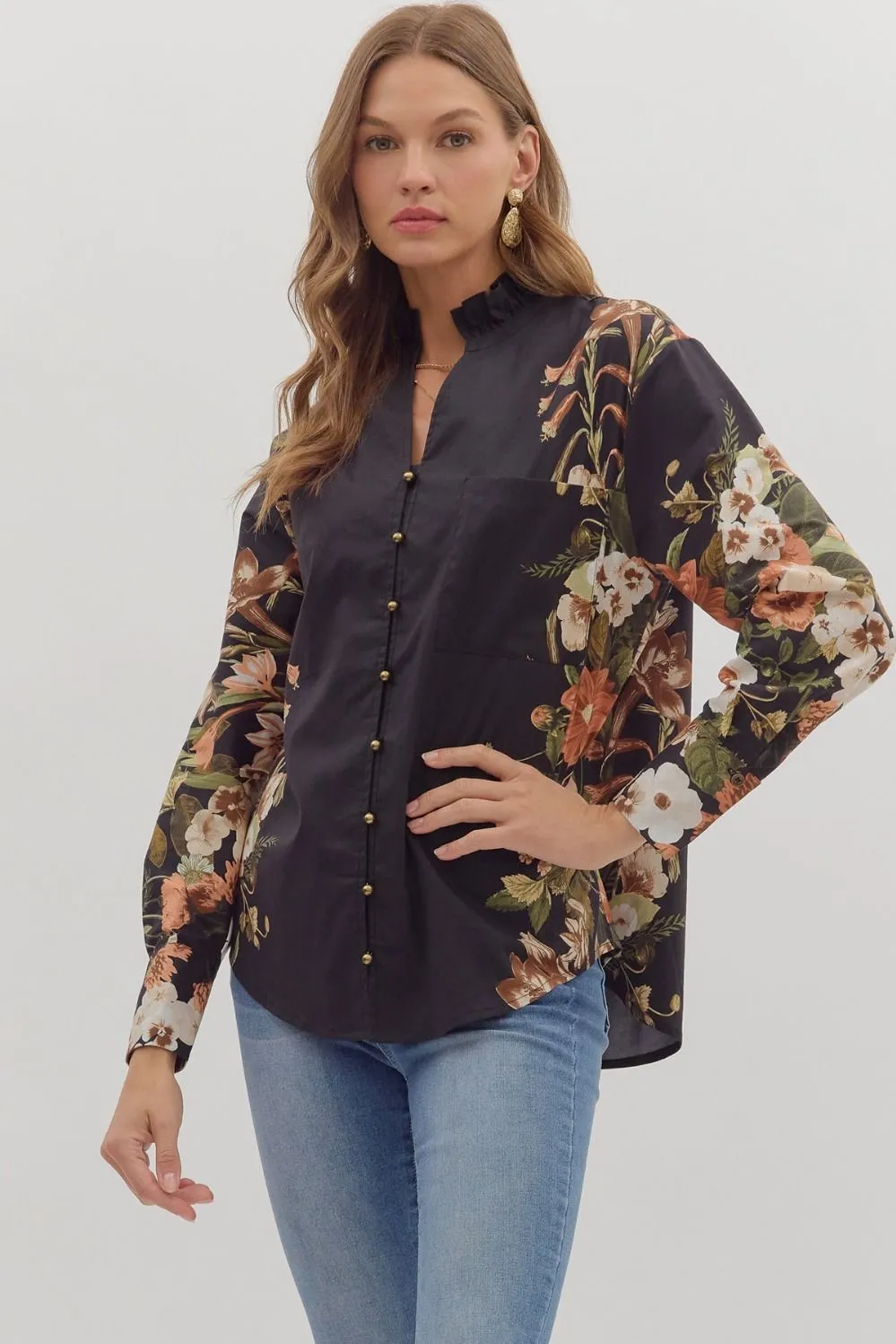 Ember Floral Sleeve Buttoned Blouse, Black sold by North & Main Clothing Company product image thumbnail 4