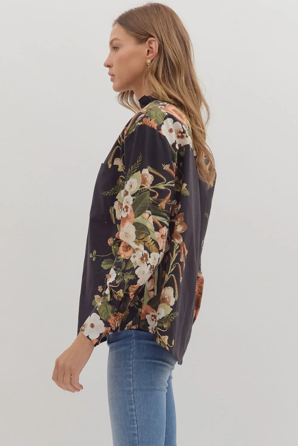 Ember Floral Sleeve Buttoned Blouse, Black sold by North & Main Clothing Company product image thumbnail 5