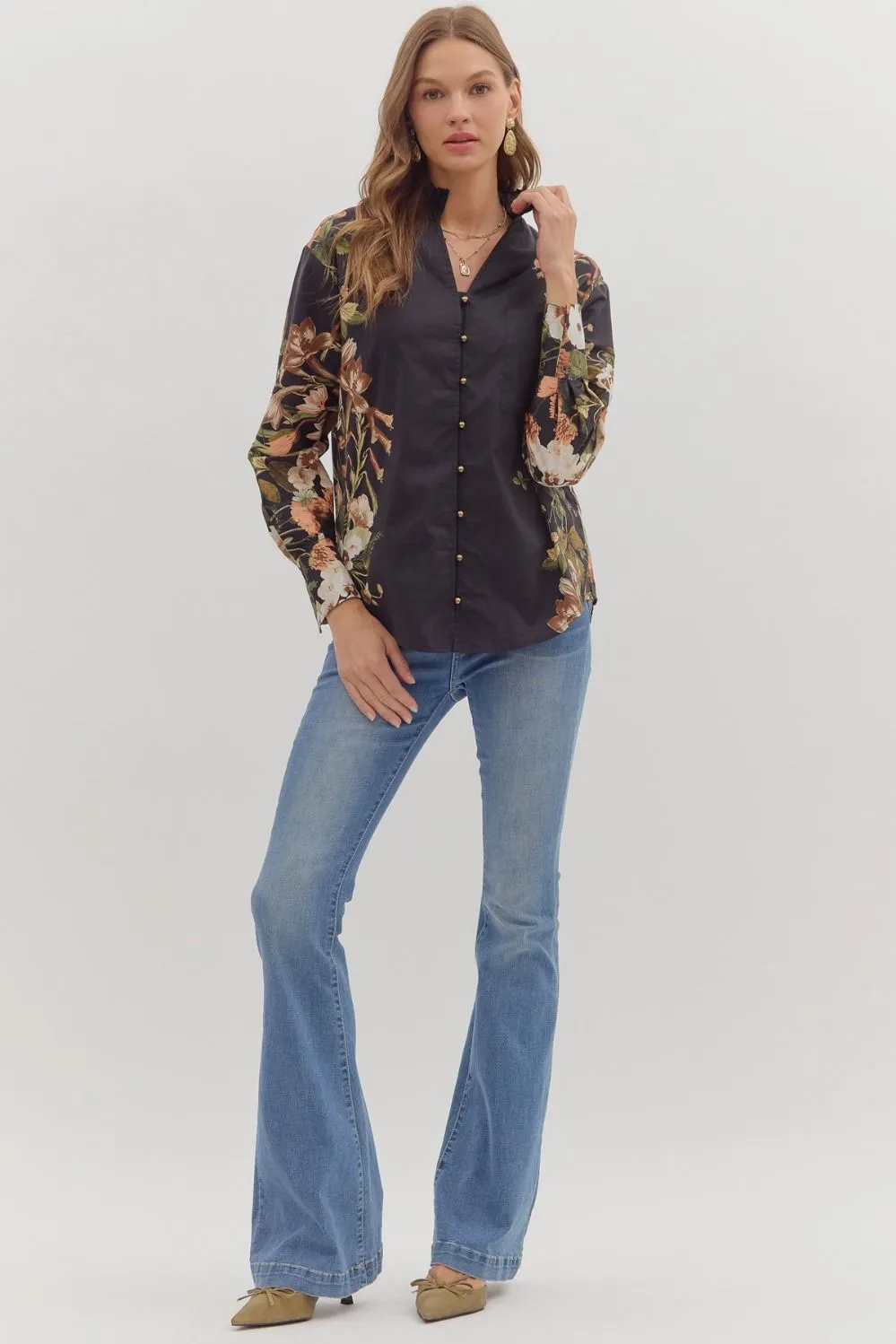 Ember Floral Sleeve Buttoned Blouse, Black sold by North & Main Clothing Company product image thumbnail 2