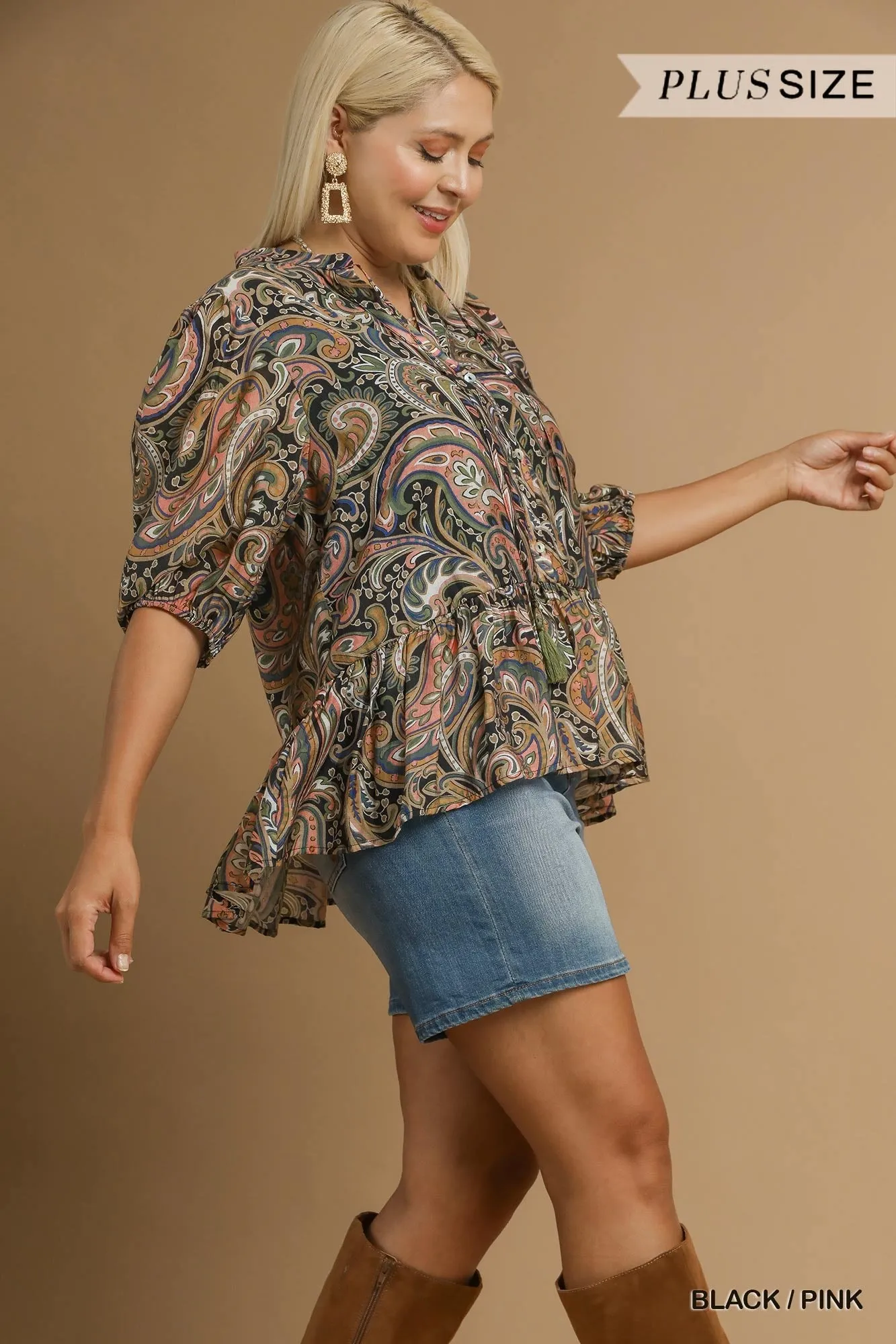 Bailey Printed Ruffle Hem Blouse, Black/Pink | Plus Size sold by North & Main Clothing Company product image thumbnail 4
