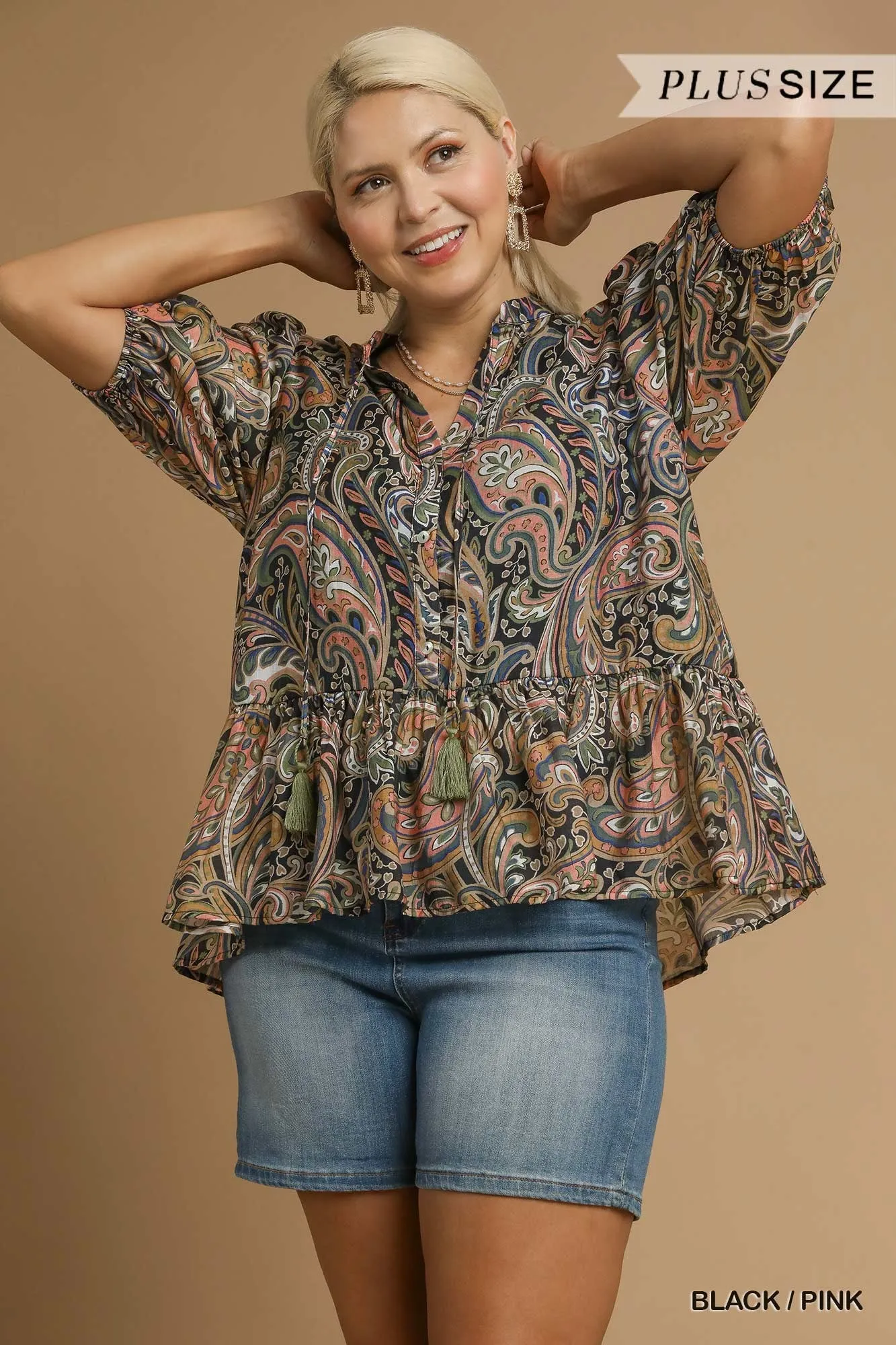 Bailey Printed Ruffle Hem Blouse, Black/Pink | Plus Size sold by North & Main Clothing Company
