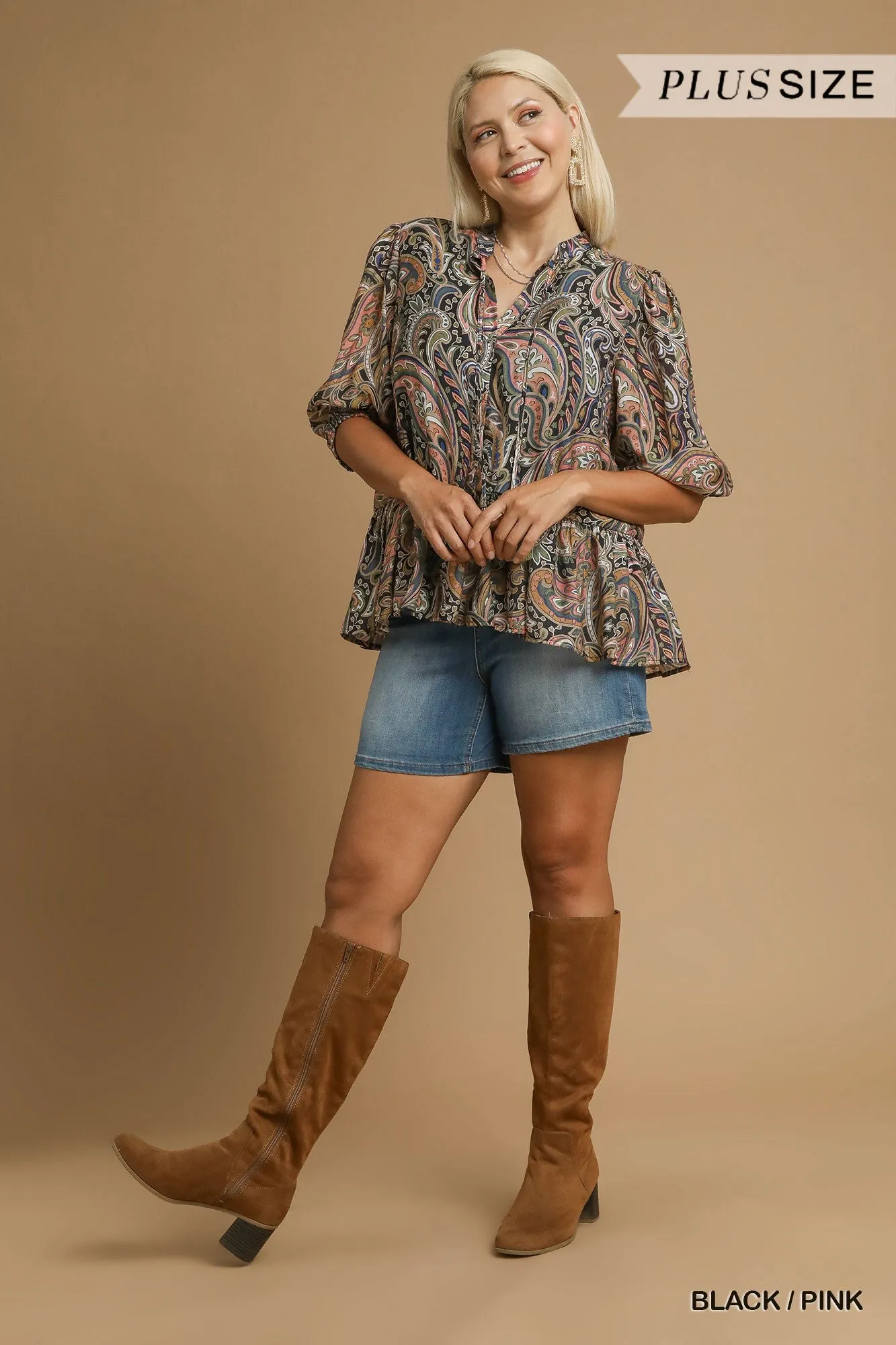 Bailey Printed Ruffle Hem Blouse, Black/Pink | Plus Size sold by North & Main Clothing Company product image thumbnail 2