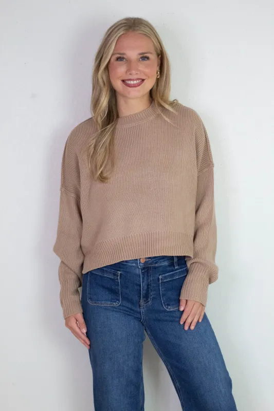 Camila Round Neck Cropped Sweater, Dark Taupe sold by North & Main Clothing Company