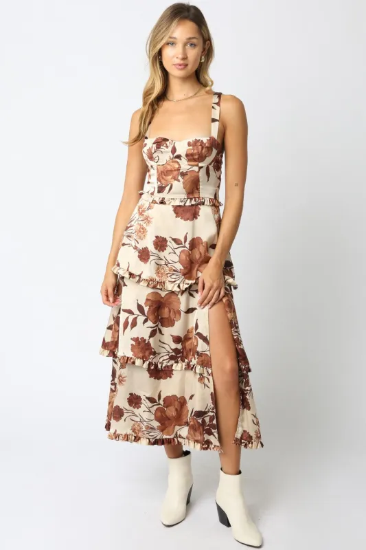 Blair Floral Tiered Satin Dress, Coffee Cream Brown sold by North & Main Clothing Company