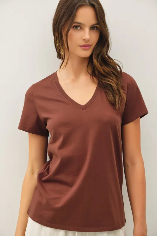 Tatum Cotton Jersey V-Neck Tee, Choco sold by North & Main Clothing Company
