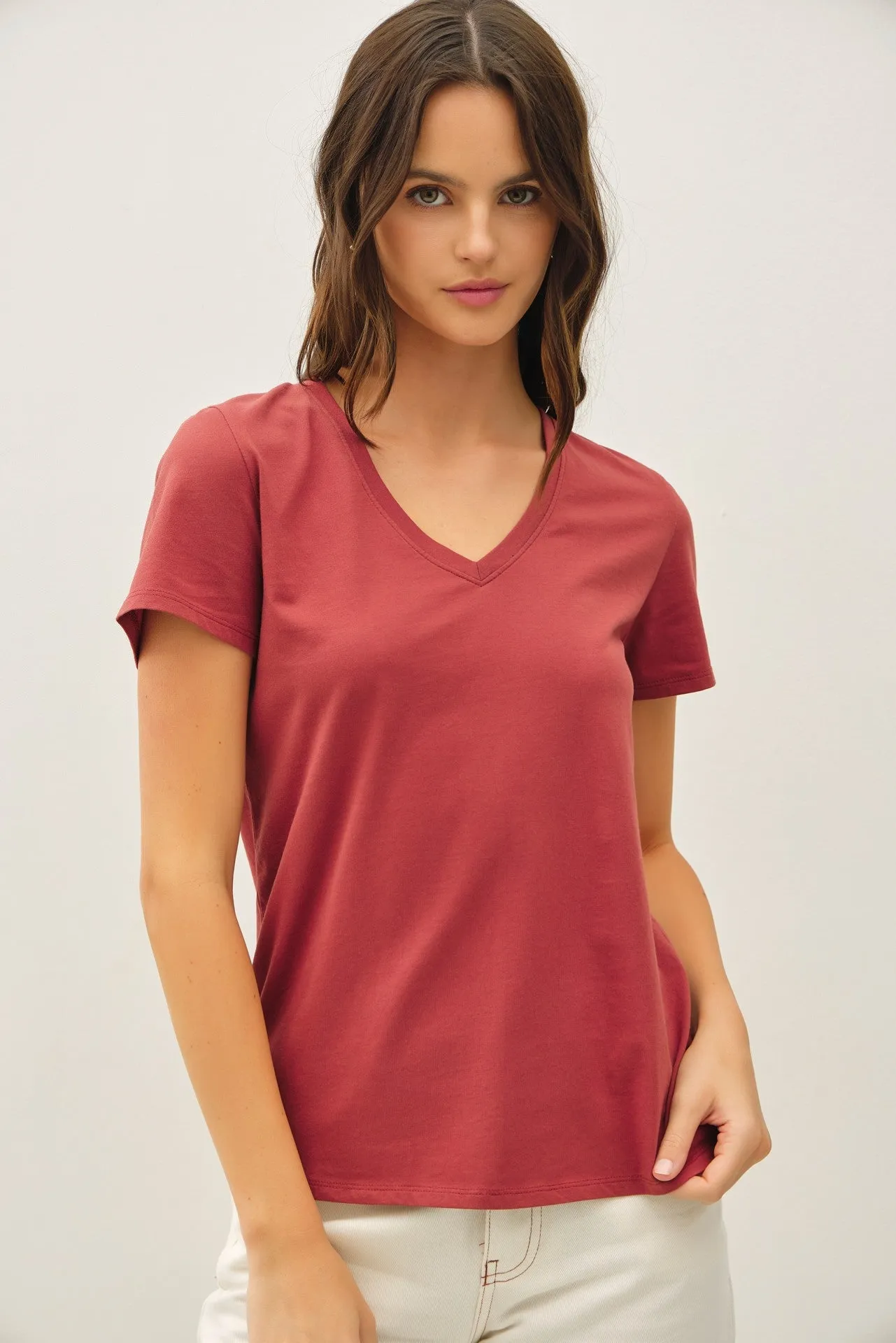Tatum Cotton Jersey V-Neck Tee, Chili Oil sold by North & Main Clothing Company