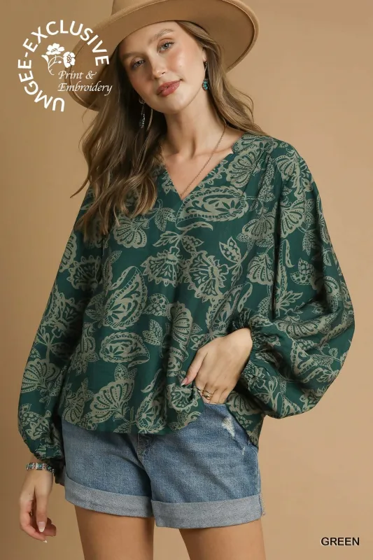 Ariella Balloon Sleeve Blouse, Green sold by North & Main Clothing Company