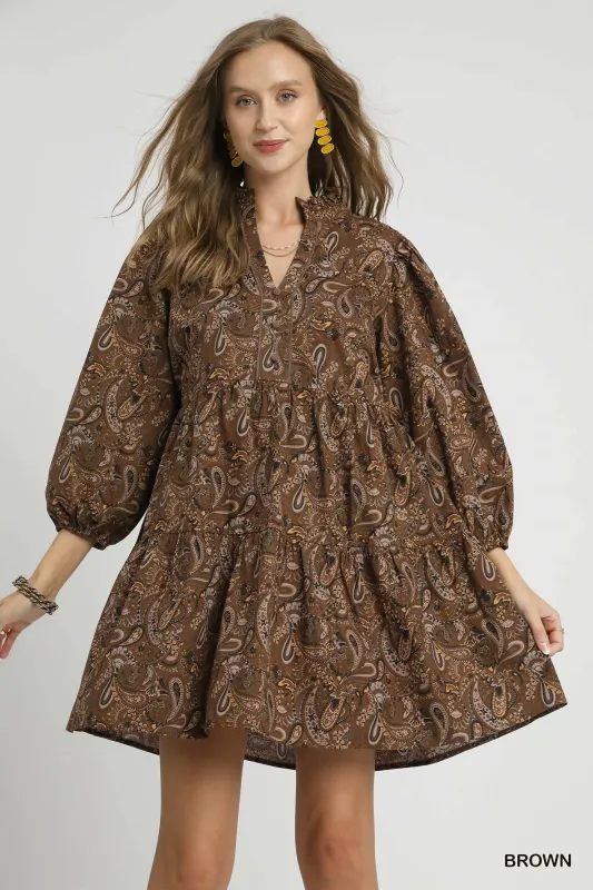 Adaline Paisley Print Mini Dress, Brown sold by North & Main Clothing Company