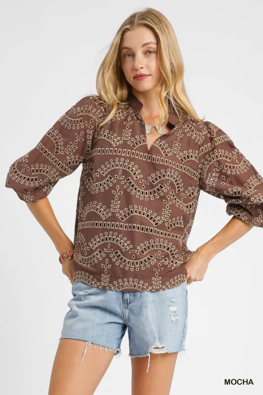 Daphne Eyelet Embroidered Blouse, Mocha sold by North & Main Clothing Company