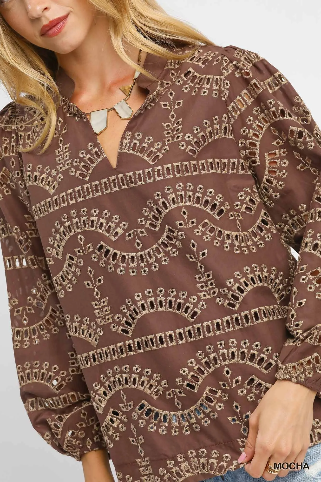 Daphne Eyelet Embroidered Blouse, Mocha sold by North & Main Clothing Company product image thumbnail 3