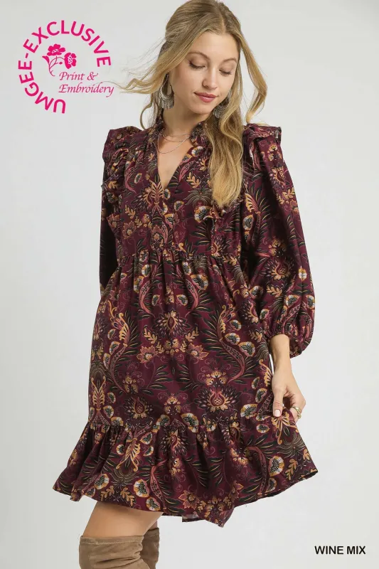 Kylie Printed Ruffle Detailed Dress, Wine Mix sold by North & Main Clothing Company