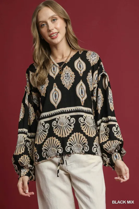 Kehlani Boho Print Blouse, Black Mix sold by North & Main Clothing Company