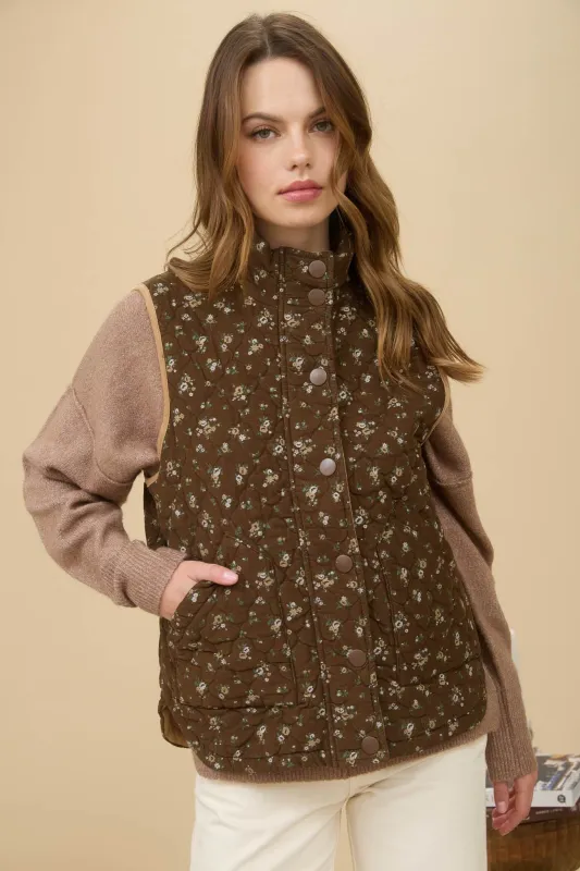 Lia Floral Quilted Puffer Vest, Brown Multi sold by North & Main Clothing Company