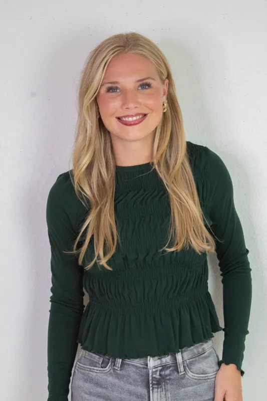 Elsie Round Neck Smocked Top, Dark Green sold by North & Main Clothing Company