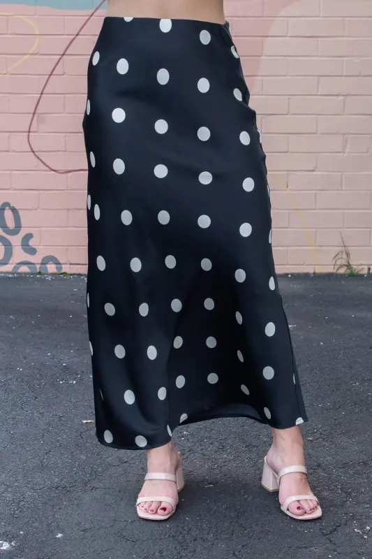 Sloane Satin Polka Dot Midi Skirt, Black-Cream Dot sold by North & Main Clothing Company