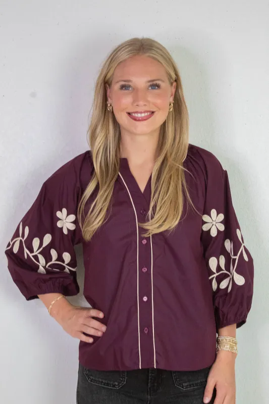 Amira Embroidered Sleeve Buttoned Blouse, Merlot sold by North & Main Clothing Company