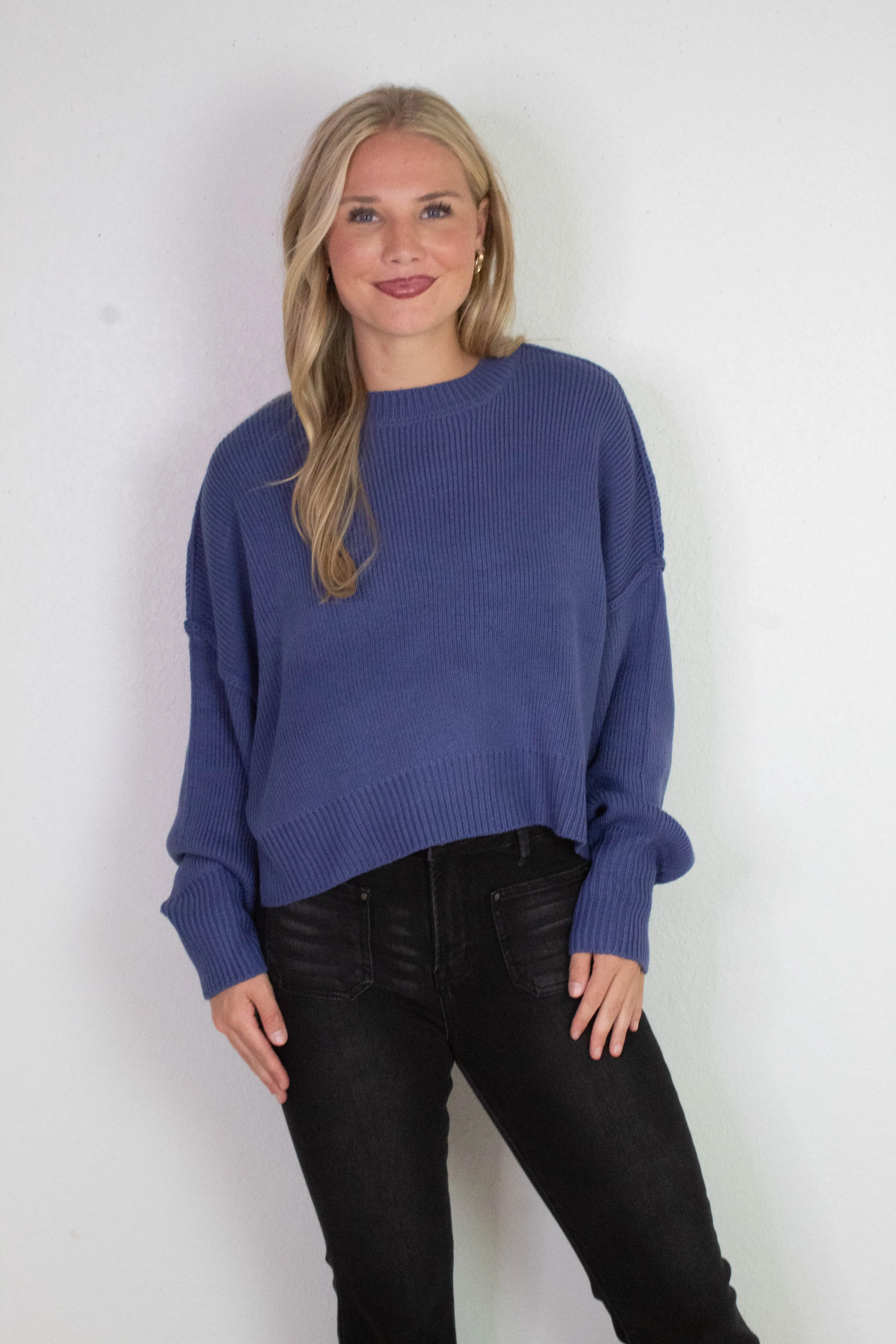 Camila Round Neck Cropped Sweater, Dusty Indigo sold by North & Main Clothing Company product image thumbnail 3