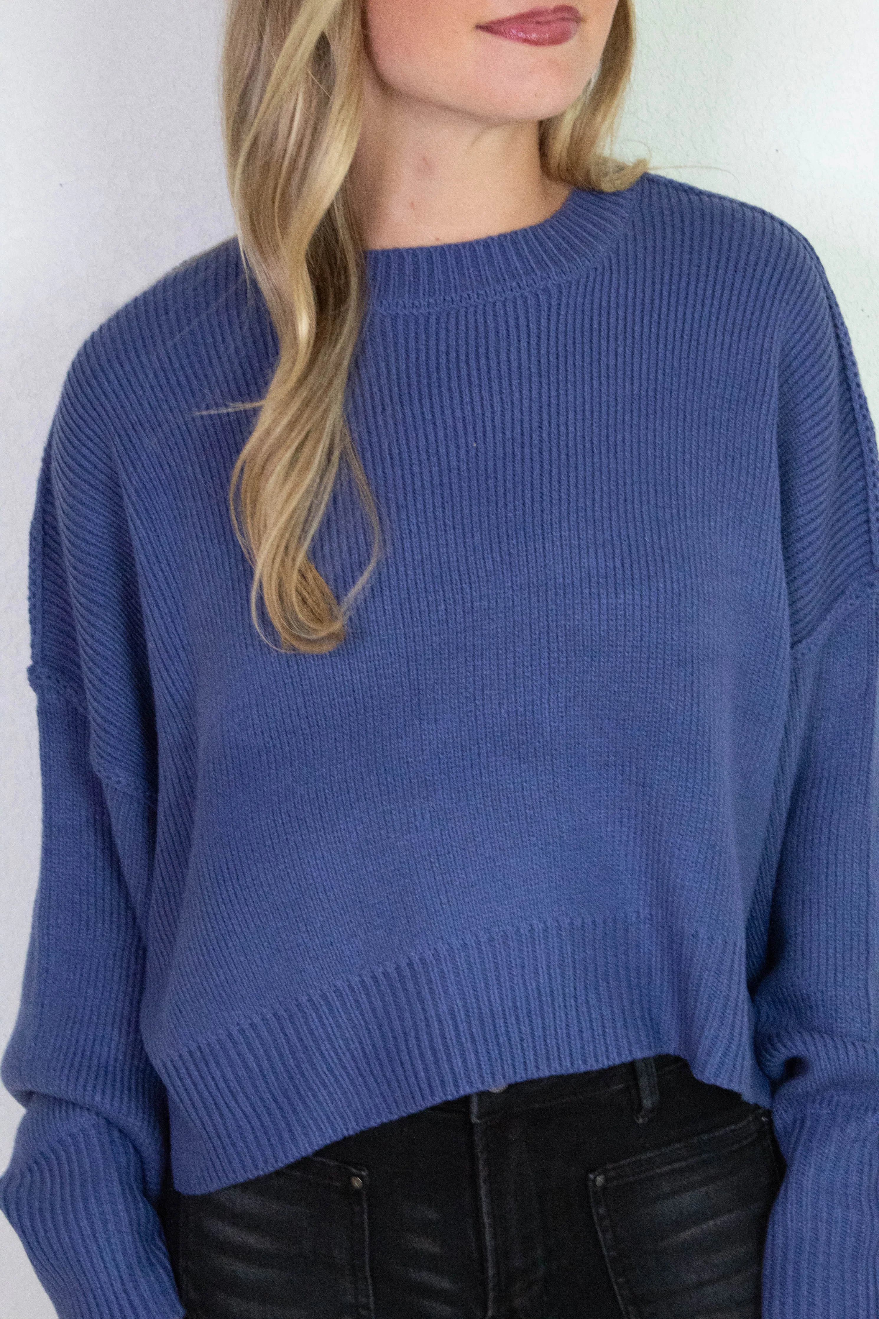 Camila Round Neck Cropped Sweater, Dusty Indigo sold by North & Main Clothing Company product image thumbnail 4