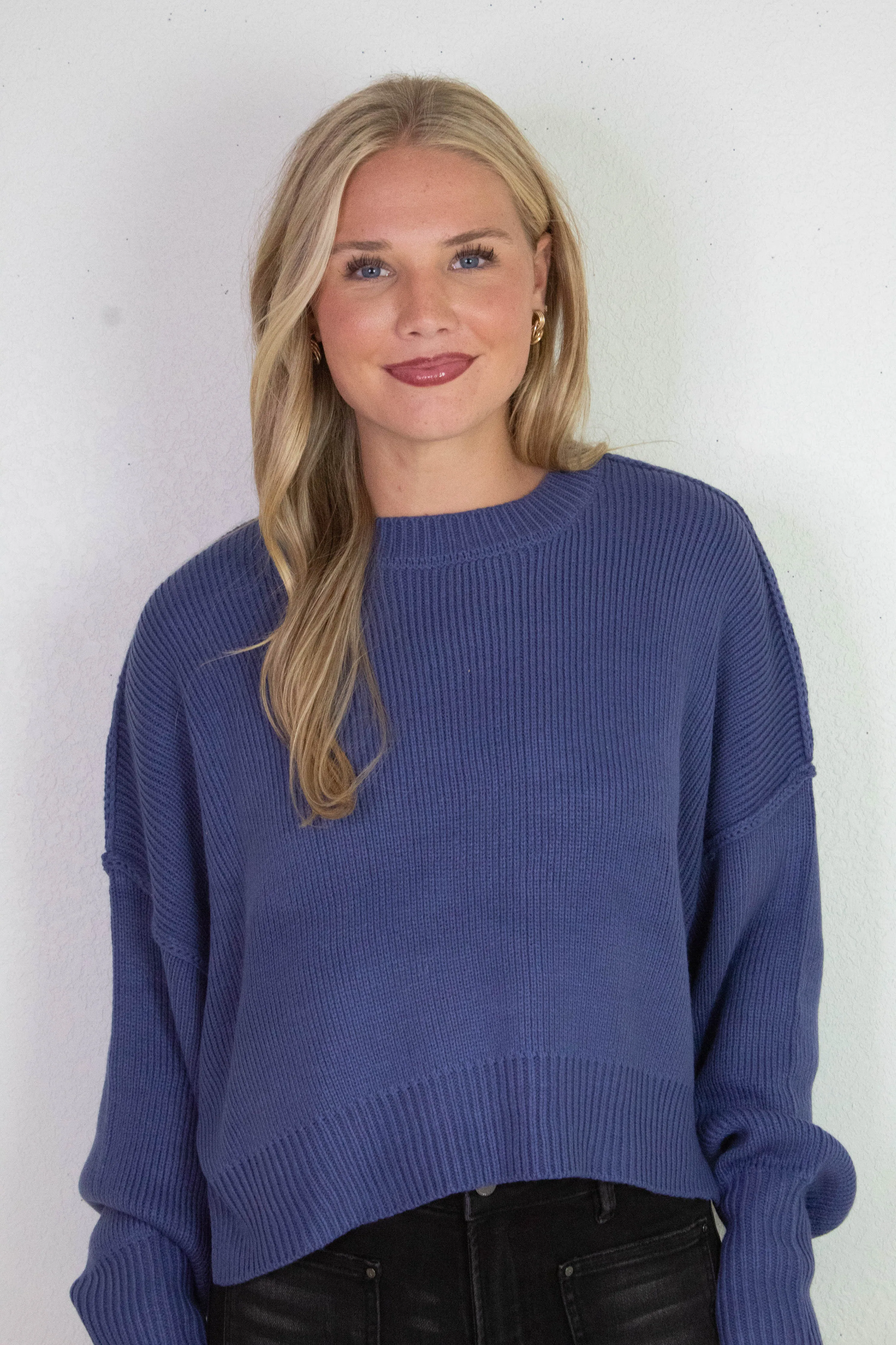 Camila Round Neck Cropped Sweater, Dusty Indigo sold by North & Main Clothing Company