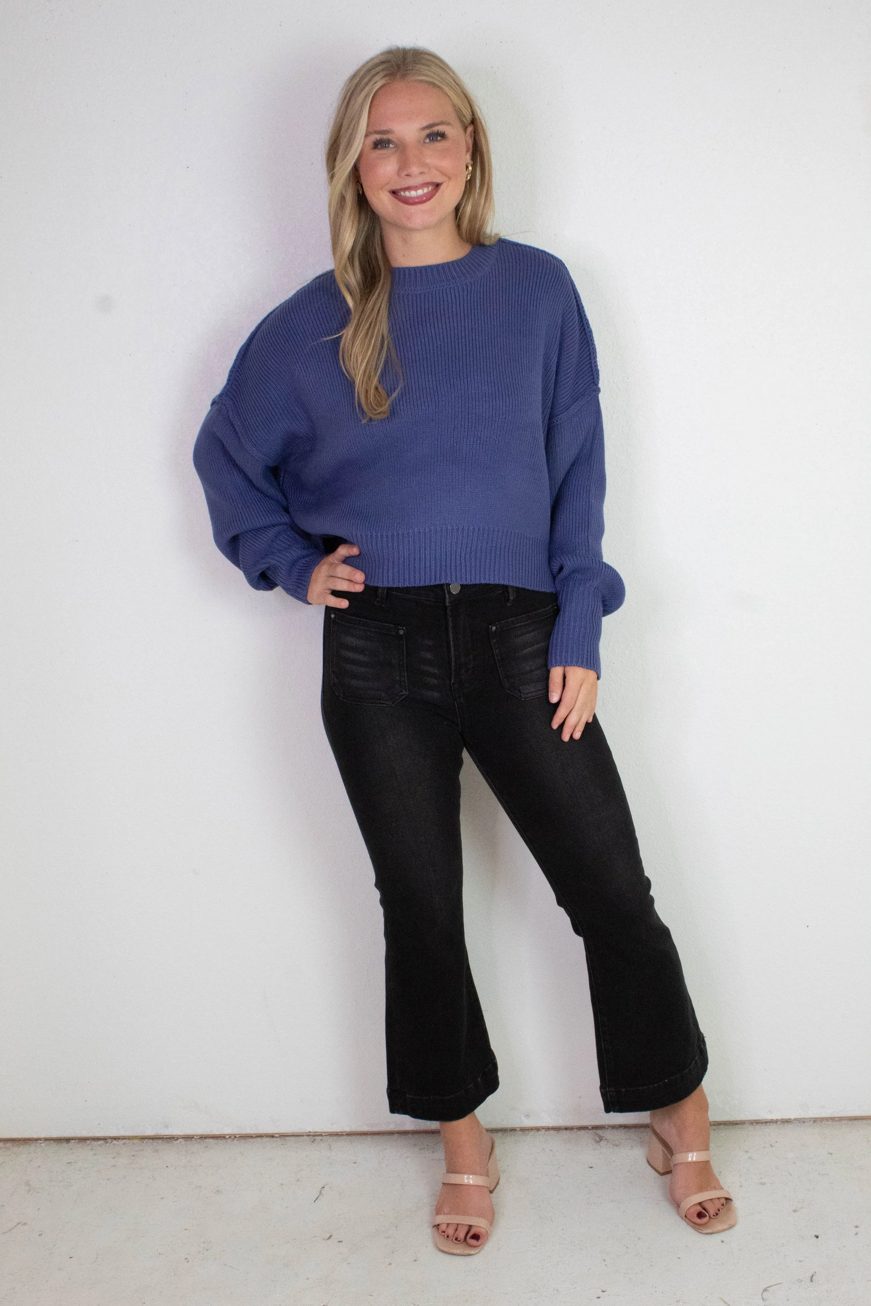 Camila Round Neck Cropped Sweater, Dusty Indigo sold by North & Main Clothing Company product image thumbnail 5
