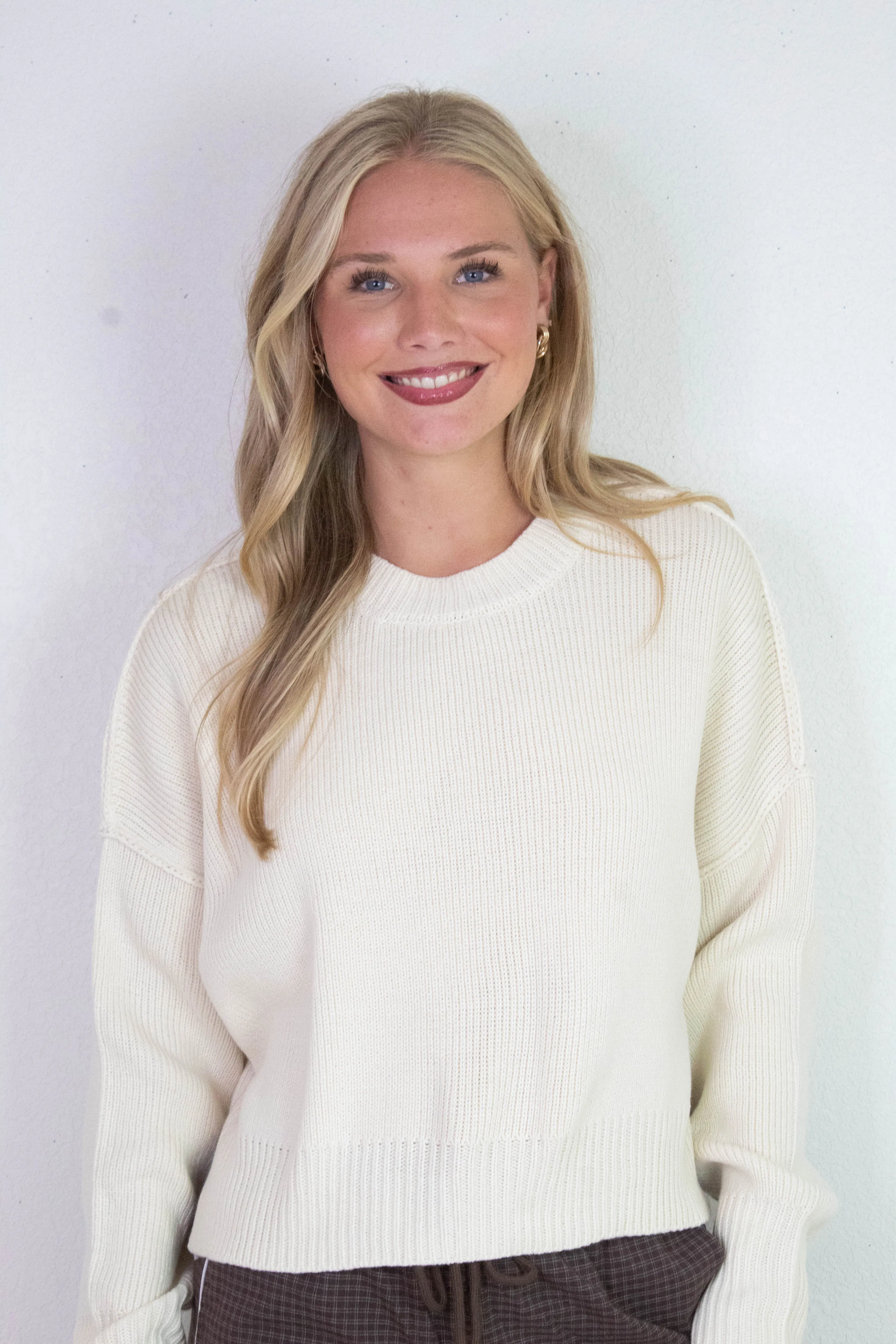 Camila Round Neck Cropped Sweater, Cream sold by North & Main Clothing Company