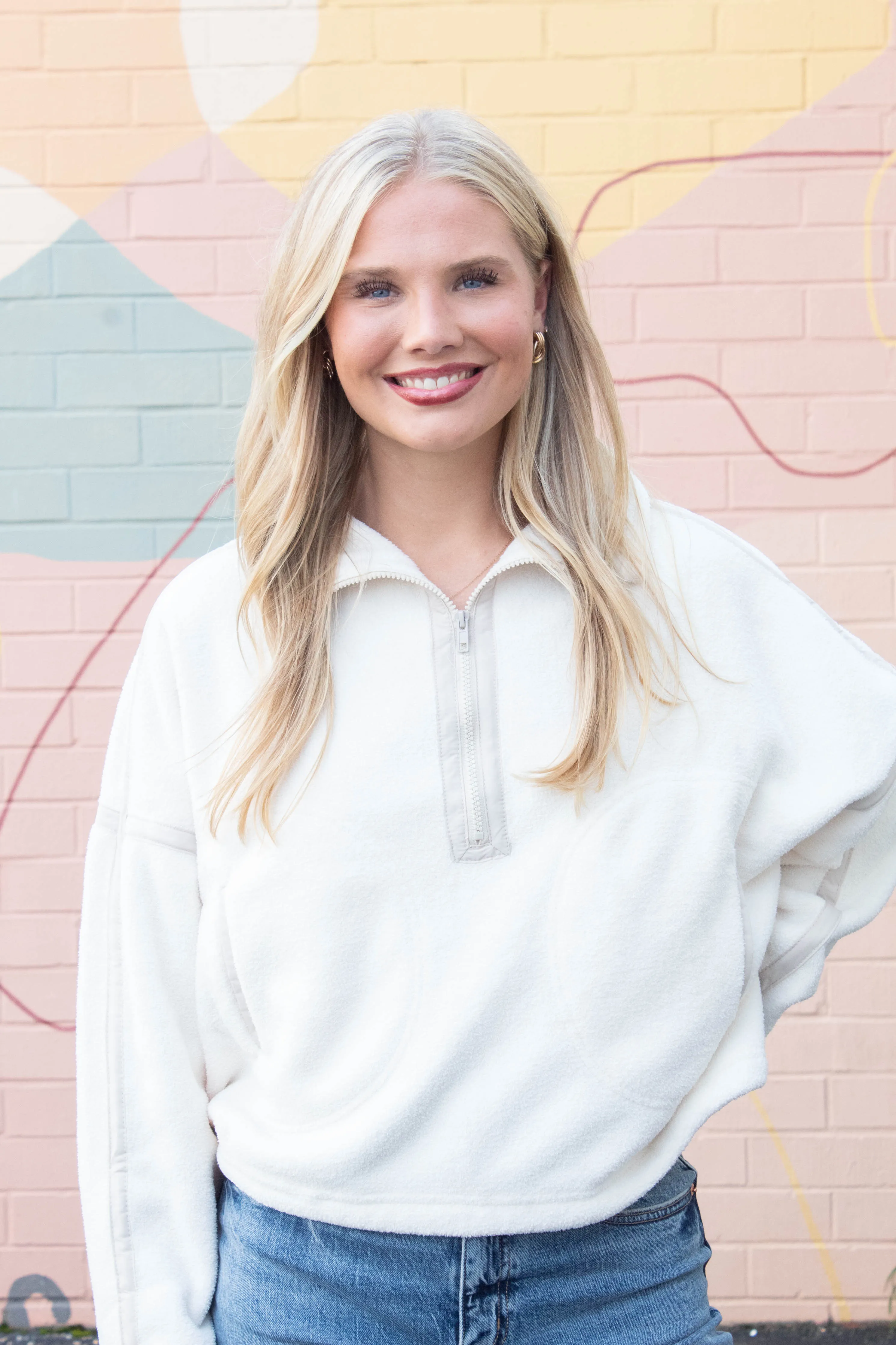 Anna Fleece Half Zip Pullover, Ivory sold by North & Main Clothing Company