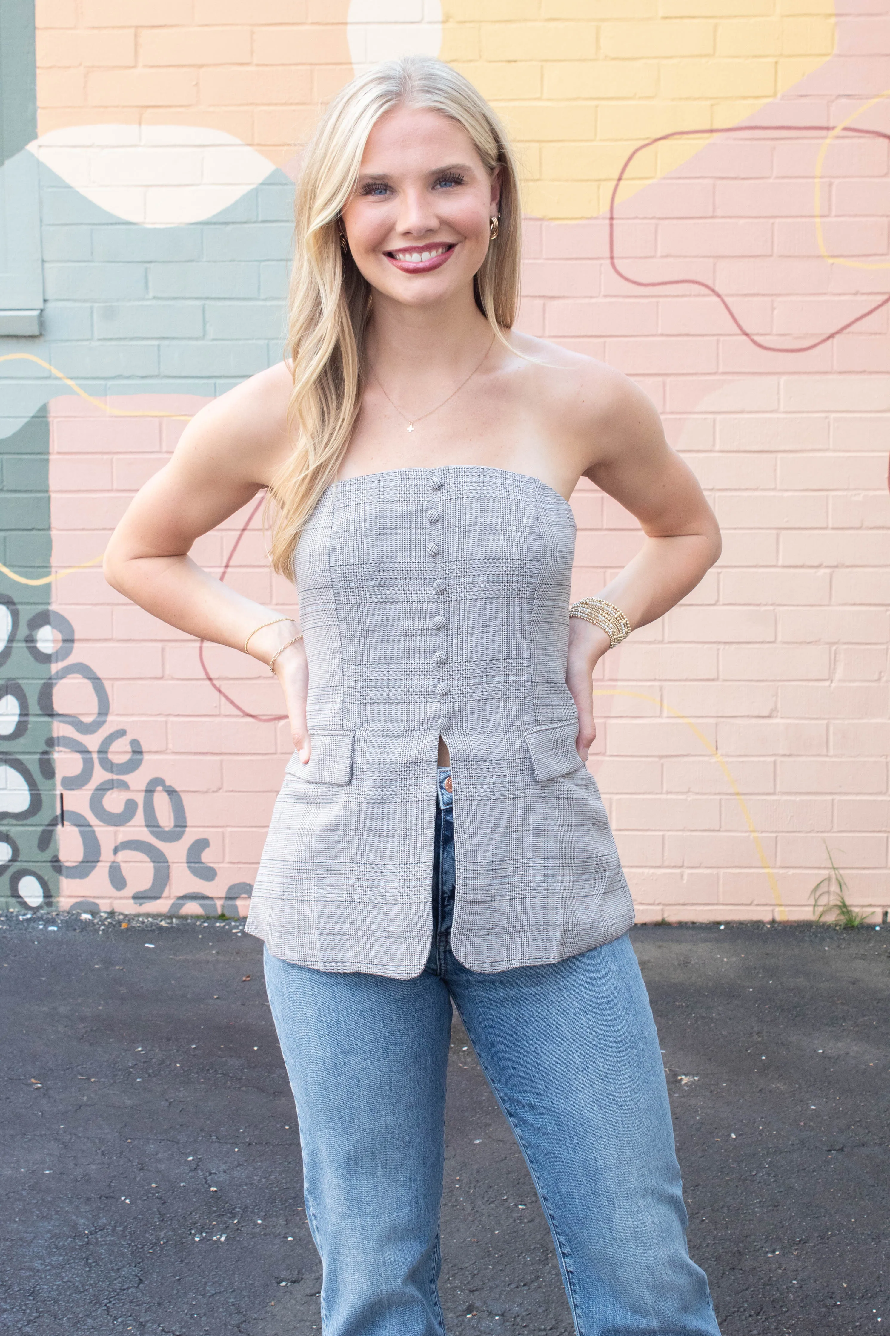 Juniper Plaid Strapless Button Detail Top, Light Taupe Multi sold by North & Main Clothing Company product image thumbnail 3