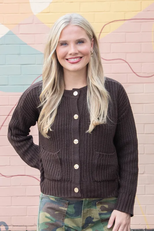 Catalina Metal Button Front Cardigan, Brown sold by North & Main Clothing Company