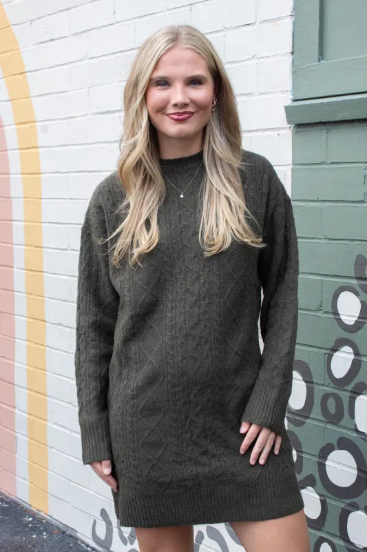 Kehlani Cable Knit Sweater Dress, Olive sold by North & Main Clothing Company