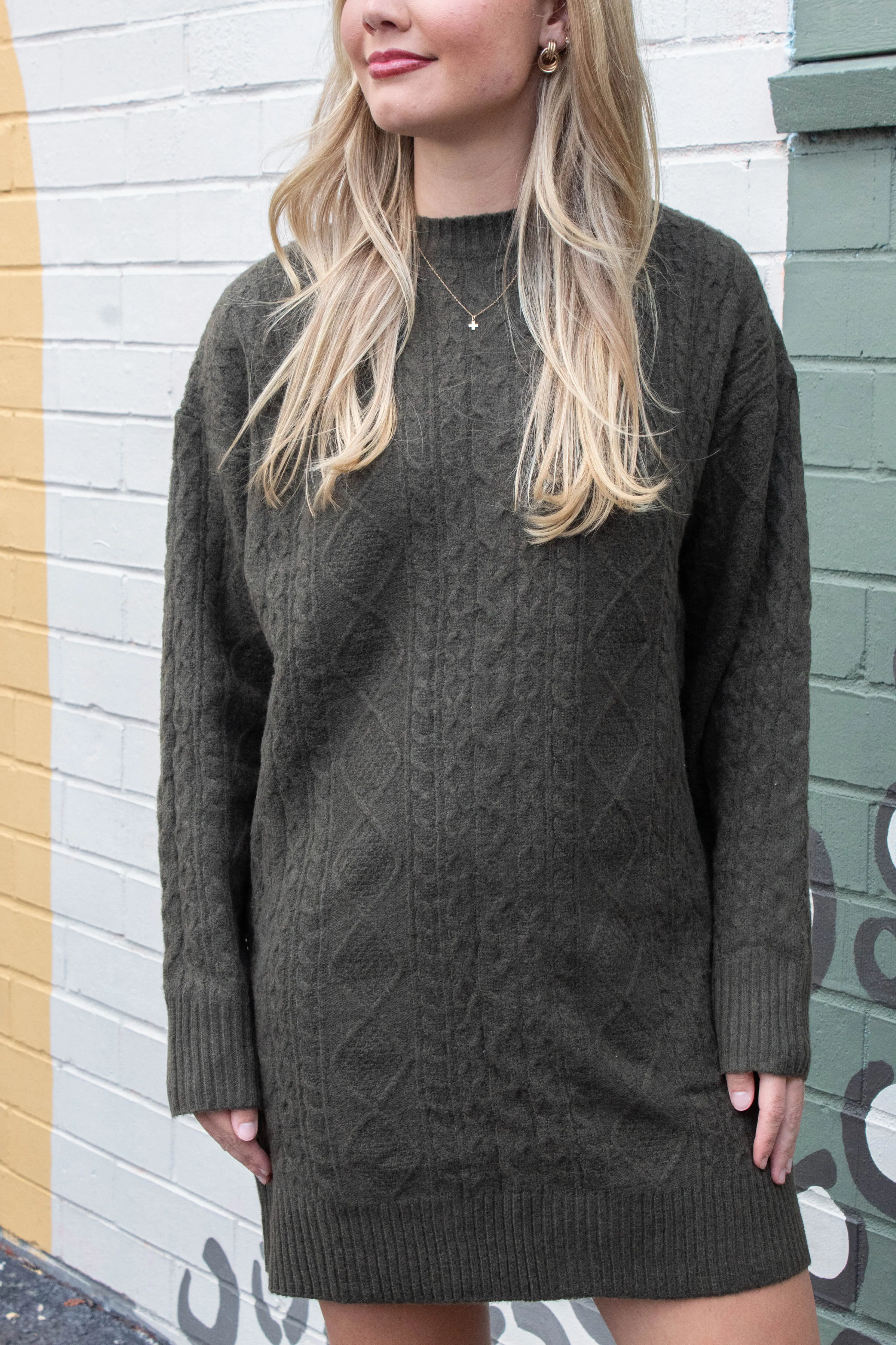 Kehlani Cable Knit Sweater Dress, Olive sold by North & Main Clothing Company product image thumbnail 4