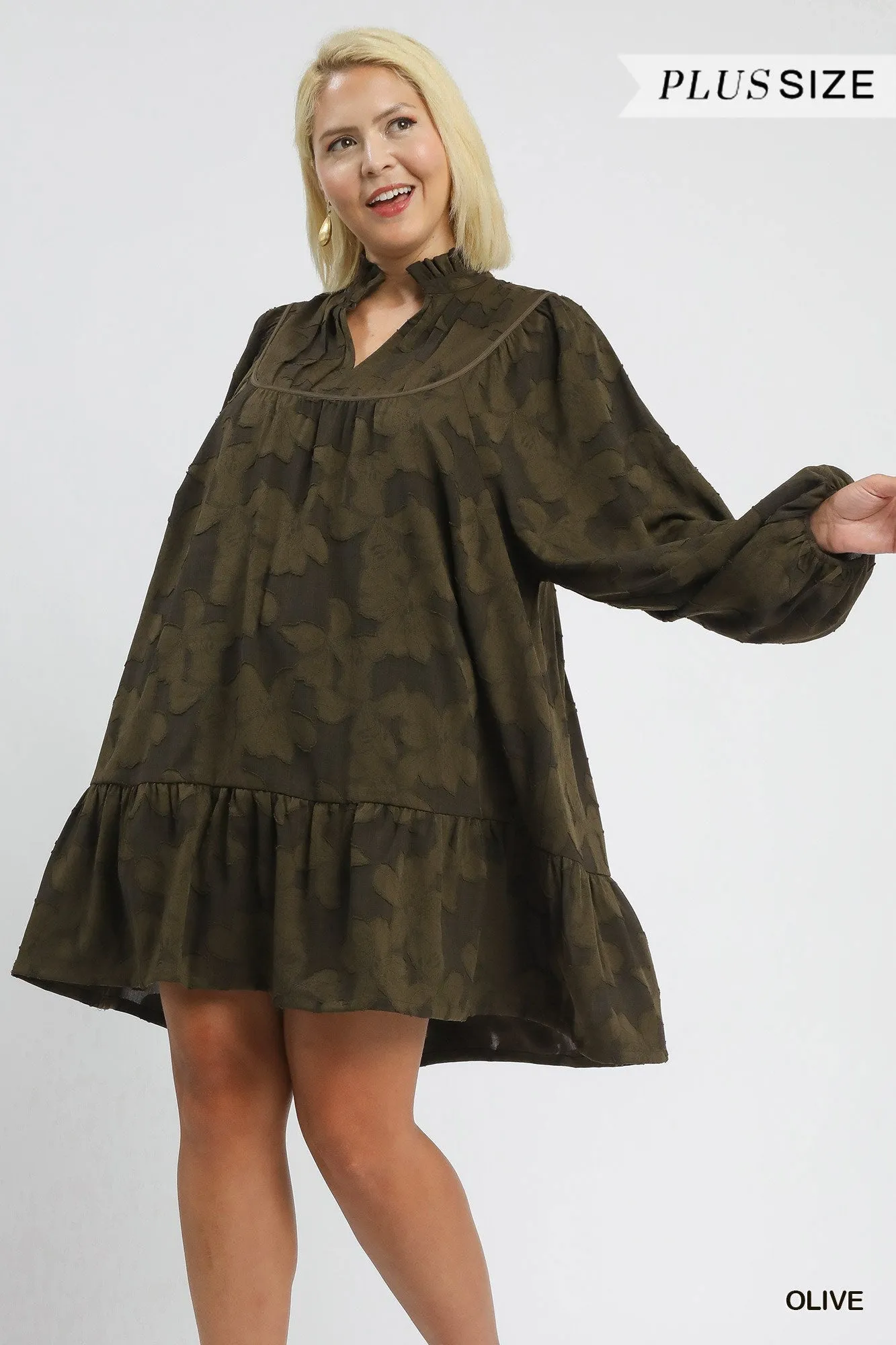 Arlette Jacquard Ruffle Detail Dress, Olive | Plus Size sold by North & Main Clothing Company
