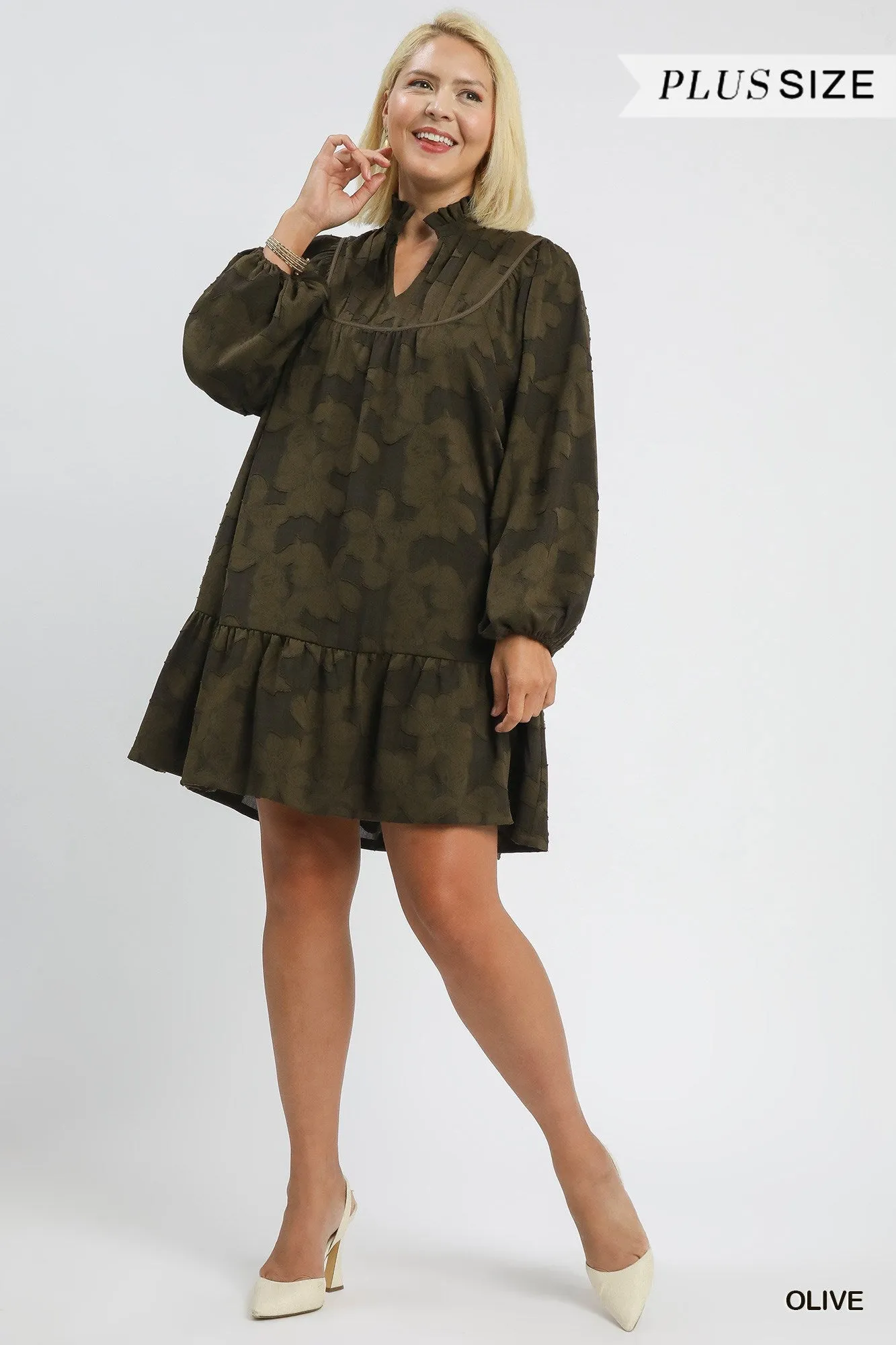 Arlette Jacquard Ruffle Detail Dress, Olive | Plus Size sold by North & Main Clothing Company product image thumbnail 2