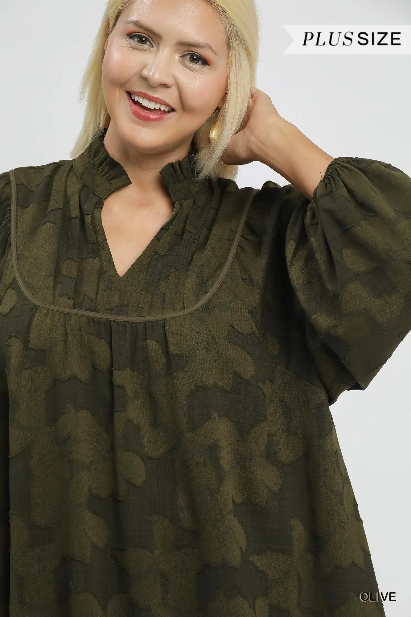 Arlette Jacquard Ruffle Detail Dress, Olive | Plus Size sold by North & Main Clothing Company product image thumbnail 3