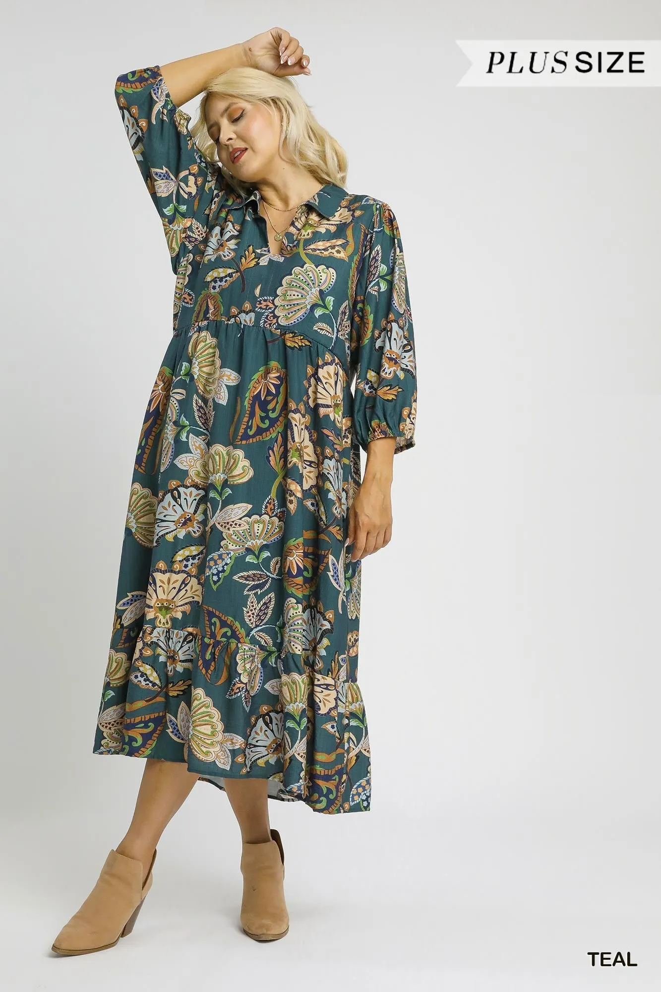 Reese Printed Half Sleeve Midi Dress, Teal | Extended Sizes sold by North & Main Clothing Company