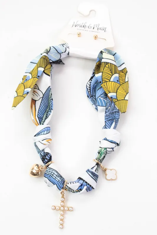Jazmin Charmed Knotted Scarf Necklace, Blue/Yellow/White sold by North & Main Clothing Company