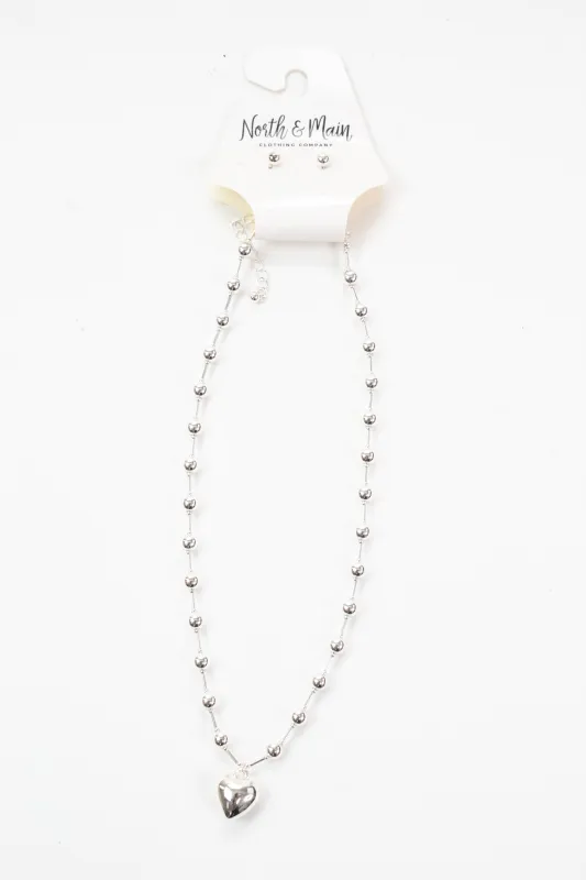 Lyla Puffy Heart Beaded Chain Necklace, Silver sold by North & Main Clothing Company