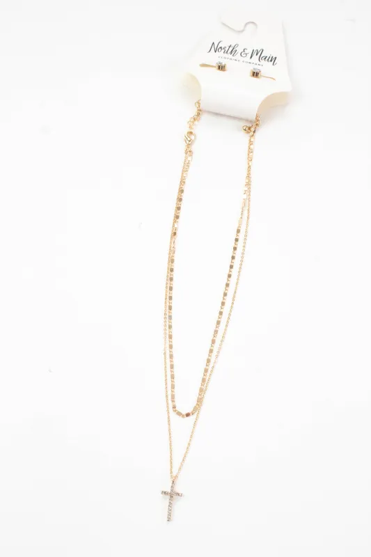 Cecilia Rhinestone Cross Layered Necklace, Gold sold by North & Main Clothing Company