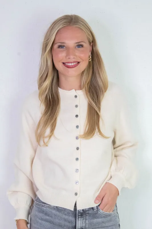 Juliette Rolled Edge Balloon Sleeve Cardigan, Cream sold by North & Main Clothing Company