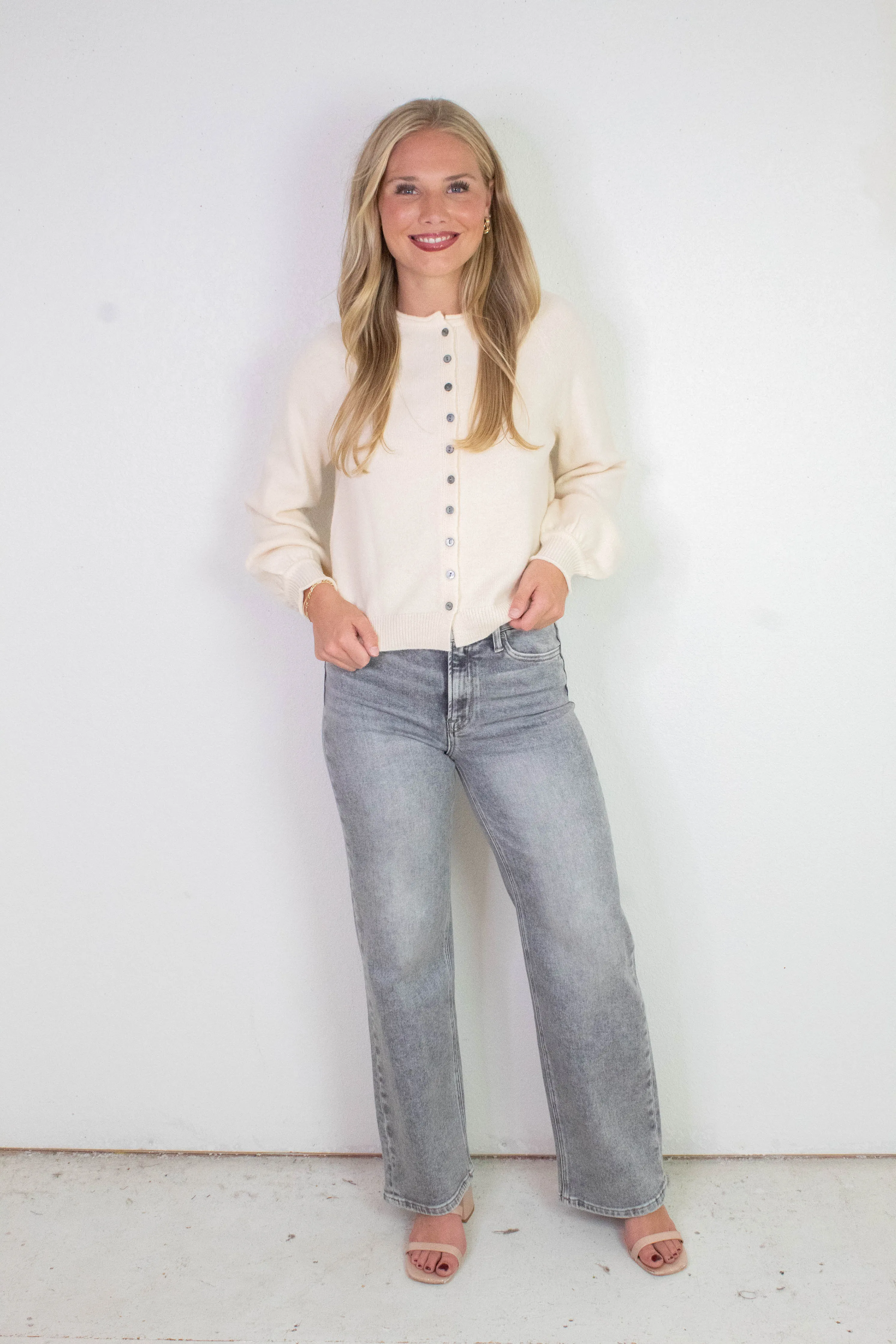 Juliette Rolled Edge Balloon Sleeve Cardigan, Cream sold by North & Main Clothing Company product image thumbnail 2