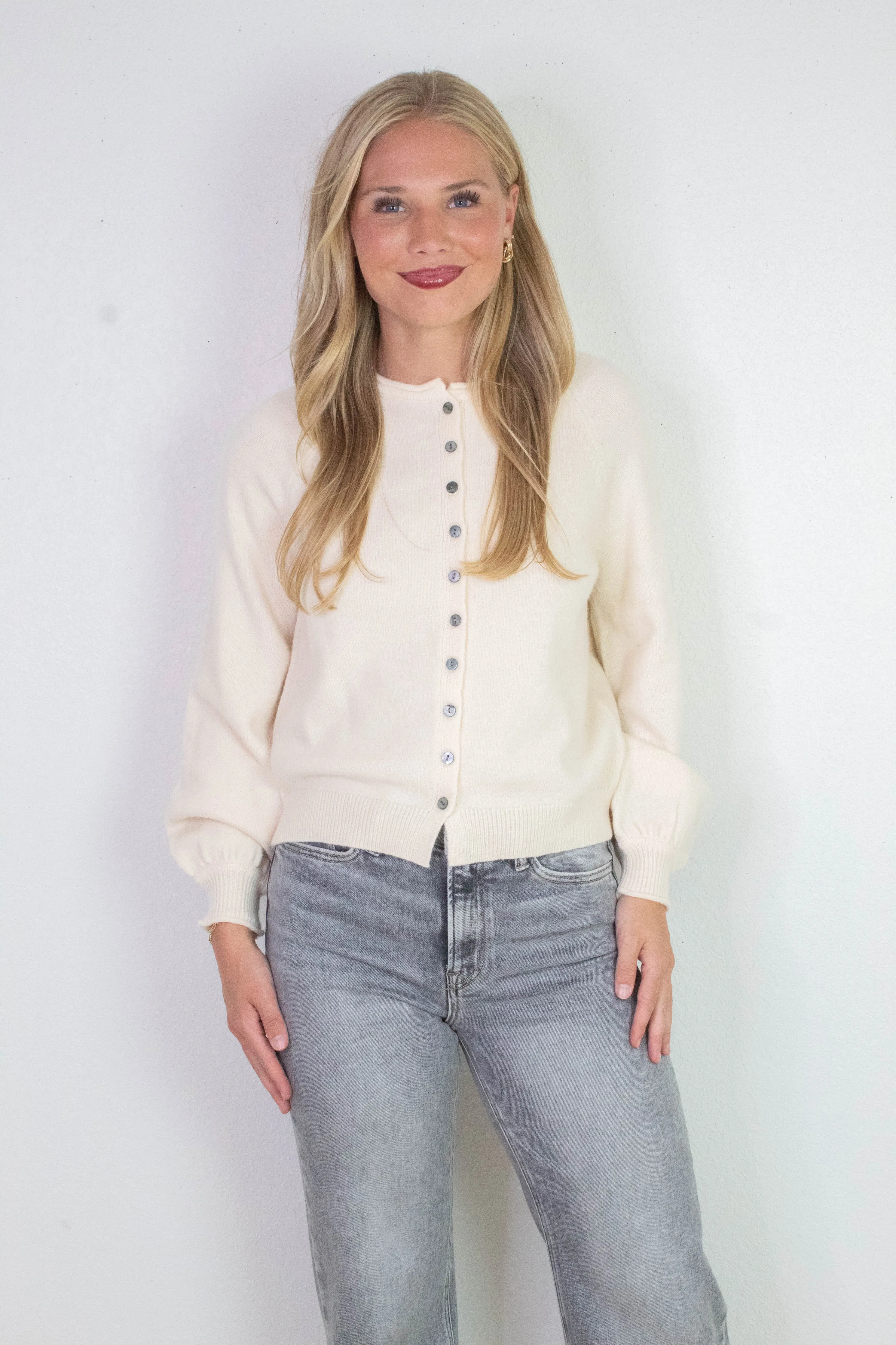 Juliette Rolled Edge Balloon Sleeve Cardigan, Cream sold by North & Main Clothing Company product image thumbnail 3