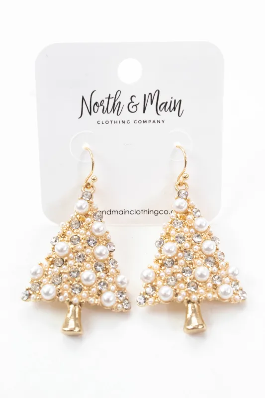 Christmas Tree Pearl & Rhinestone Earring, Gold sold by North & Main Clothing Company