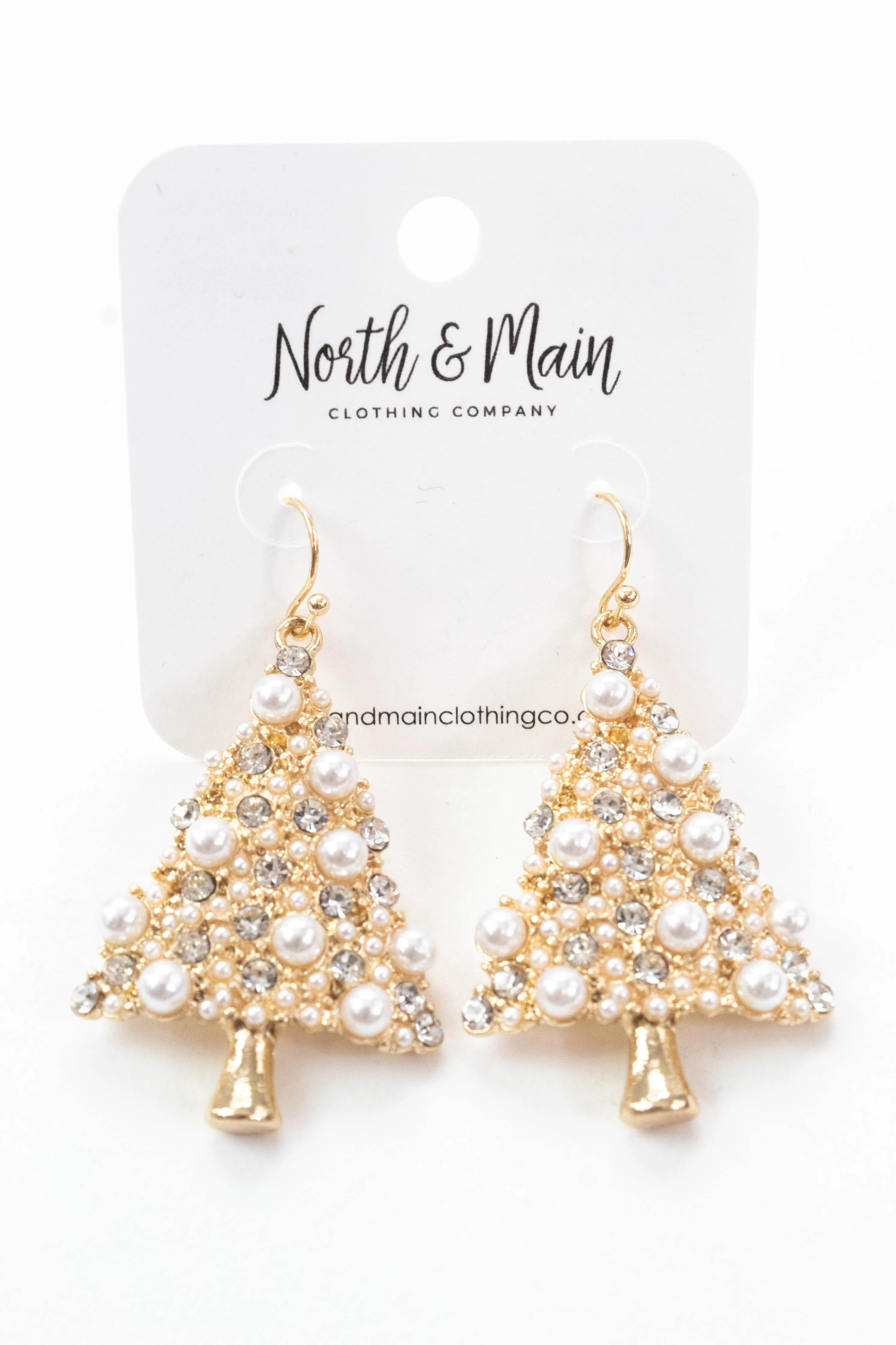Christmas Tree Pearl & Rhinestone Earring, Gold sold by North & Main Clothing Company