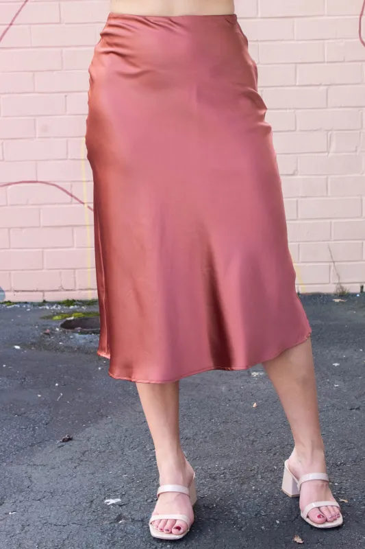 Stevie Satin Bias Midi Skirt, Copper sold by North & Main Clothing Company