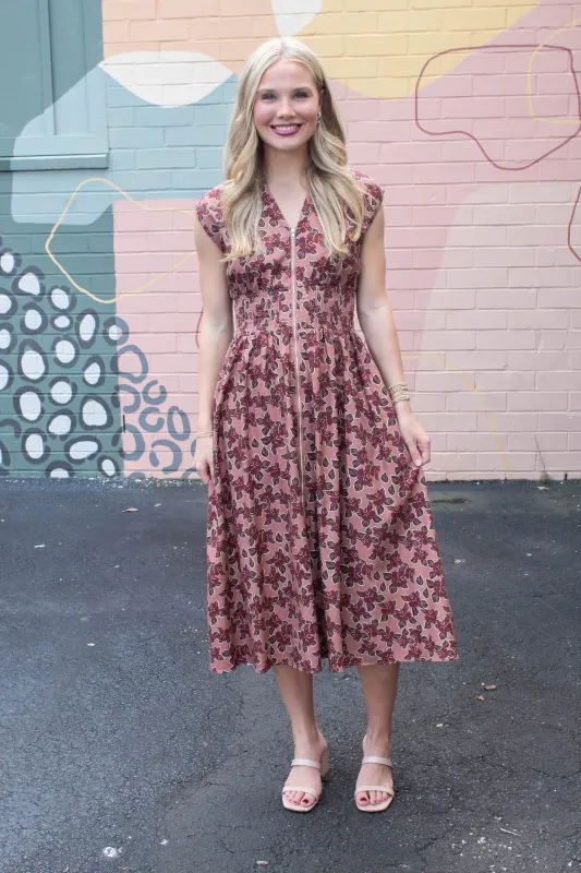 Molly Printed Front Zip Dress, Dusty Rose/Wine sold by North & Main Clothing Company