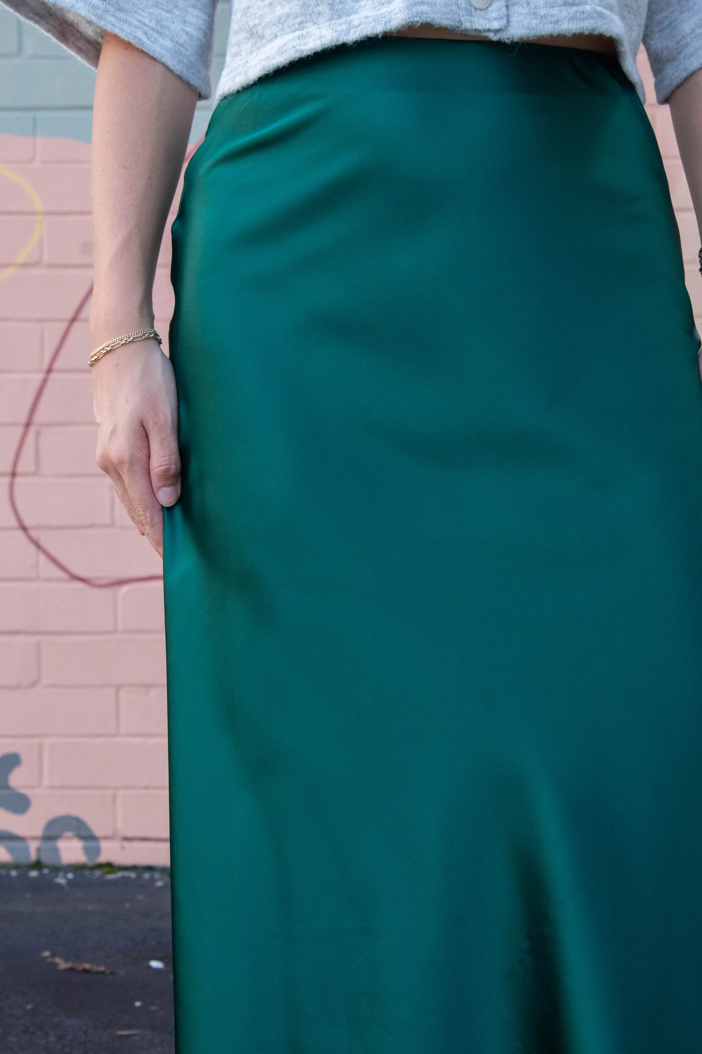 Stevie Satin Bias Midi Skirt, Sea Green sold by North & Main Clothing Company product image thumbnail 4