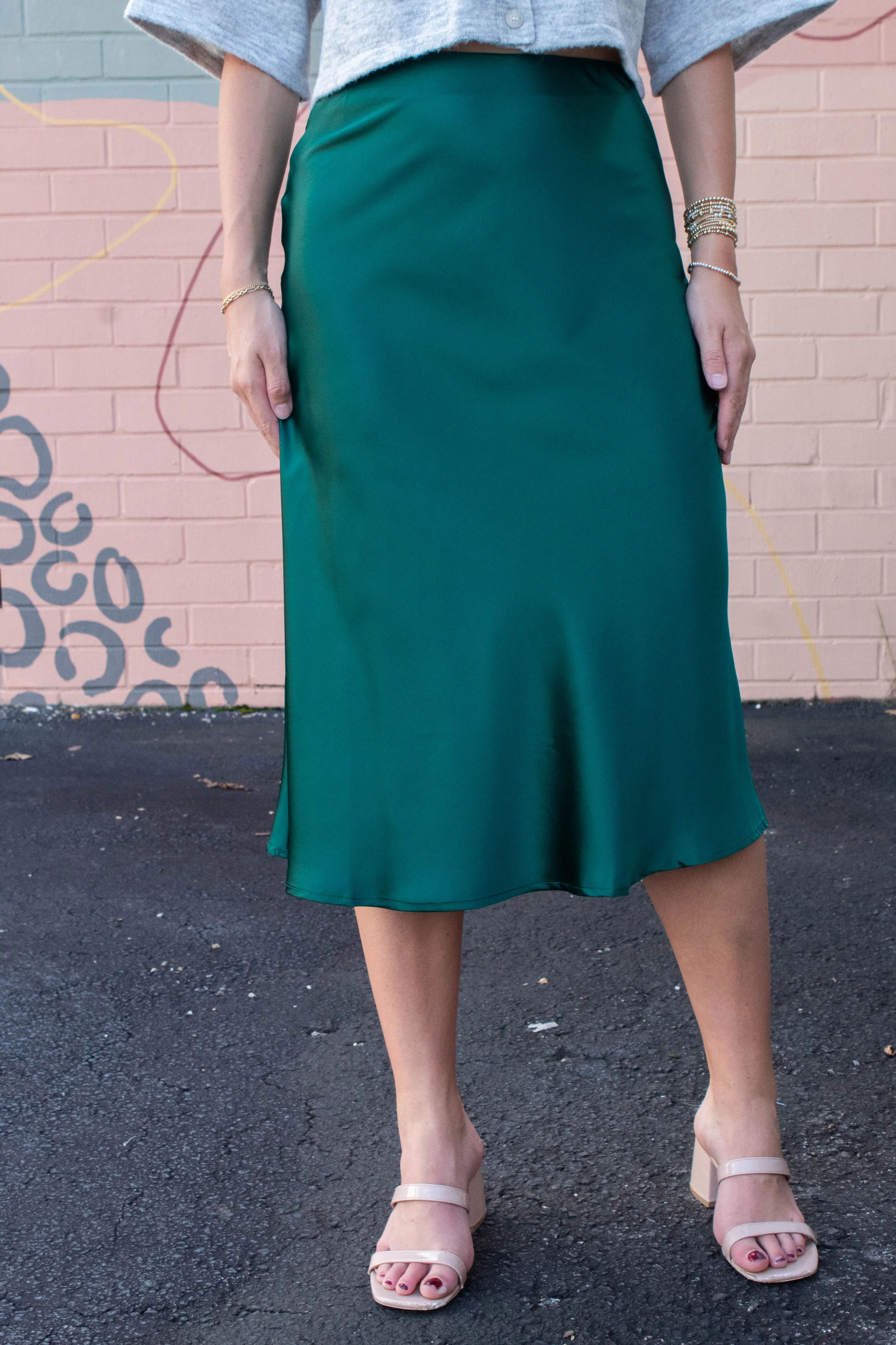 Stevie Satin Bias Midi Skirt, Sea Green sold by North & Main Clothing Company