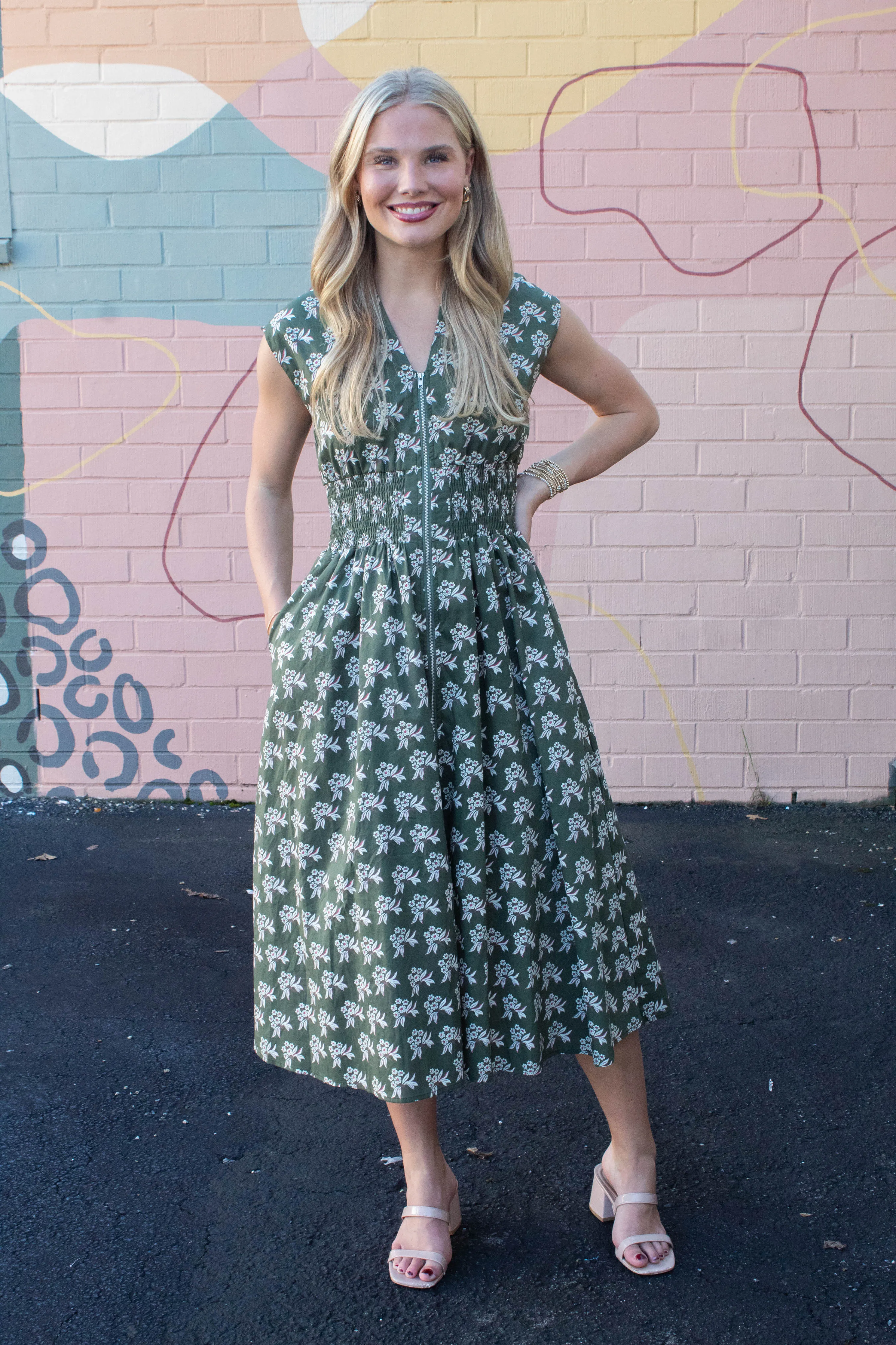 Lila Printed Front Zip Dress, Olive Green sold by North & Main Clothing Company